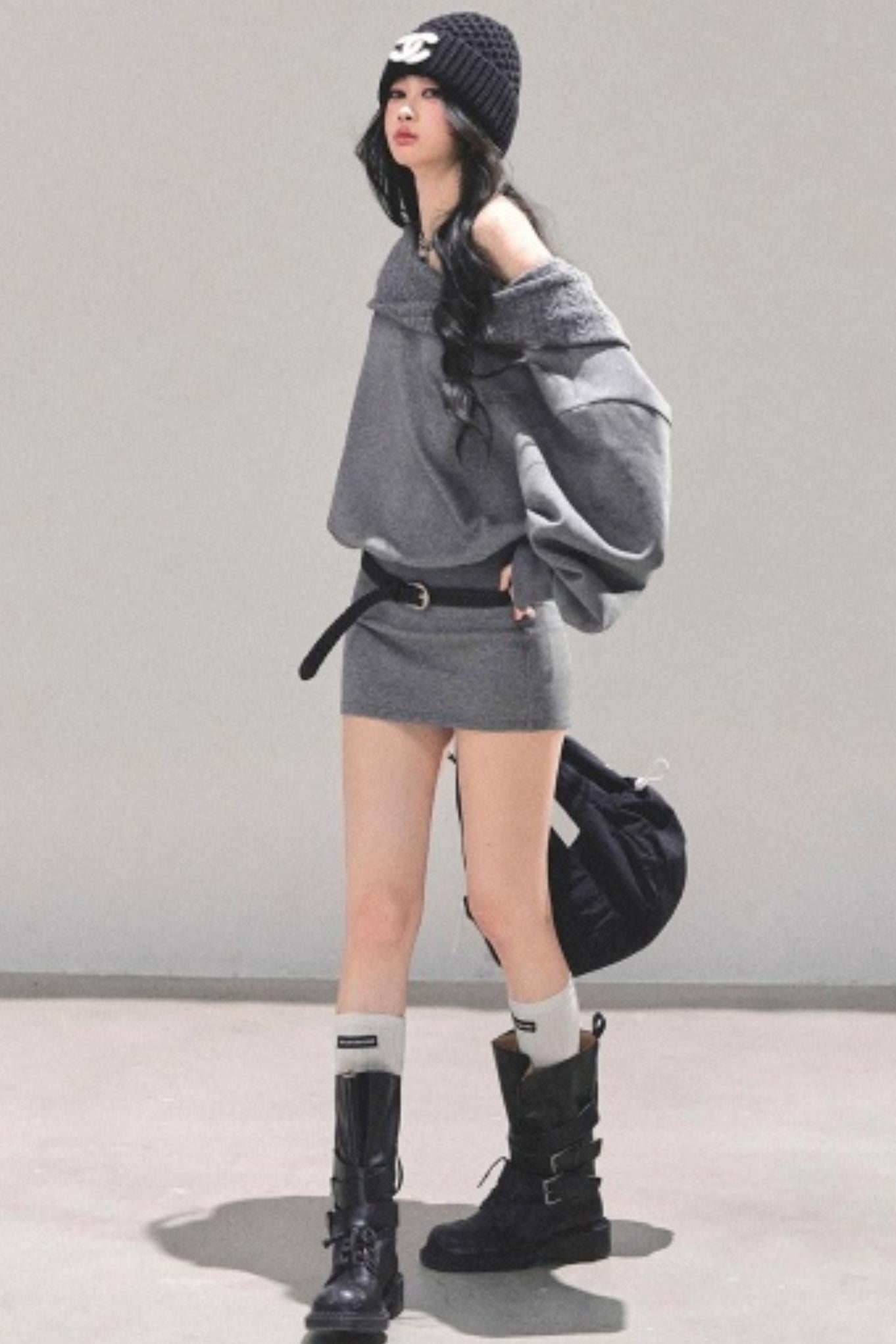 One Shoulder Grayscale Sweatshirt Dress