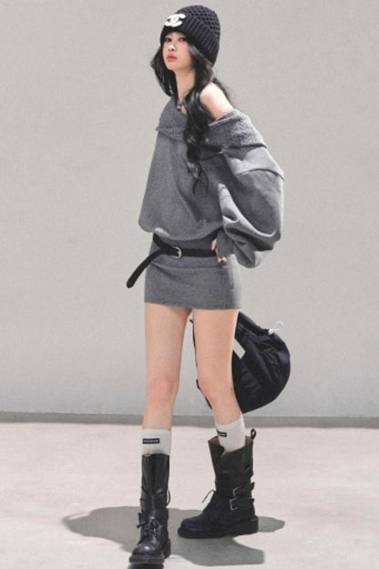 One Shoulder Grayscale Sweatshirt Dress