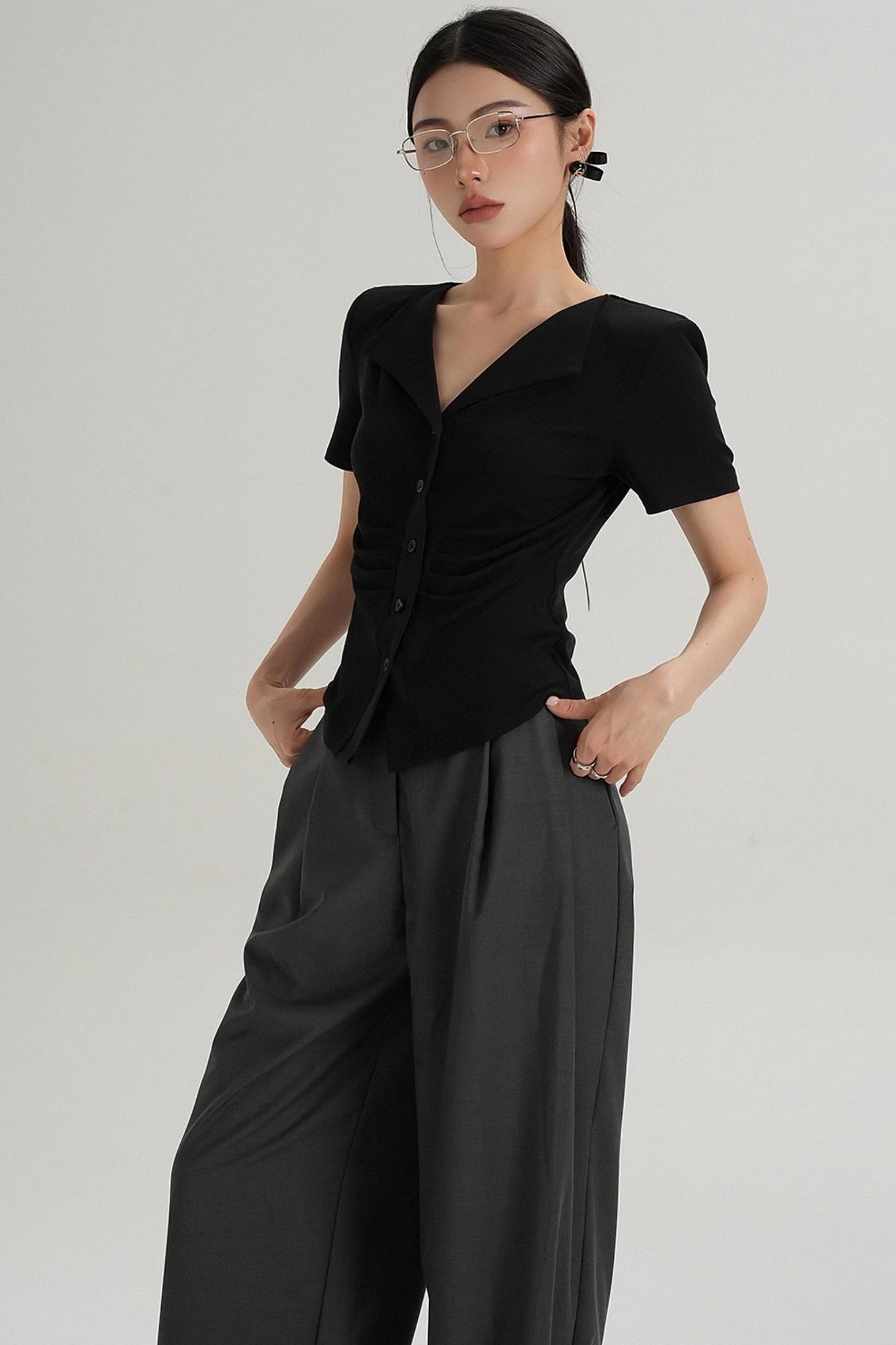 Pleated V-Neck Blouse