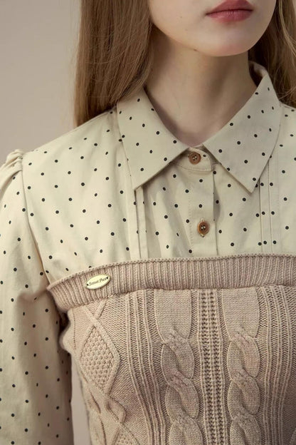 Polka Dot Patchwork Shirt And Skirt Set-Up