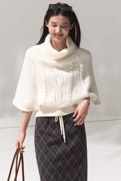 Wool Twist Knit Cape Sweater Top Skirt Set-Up
