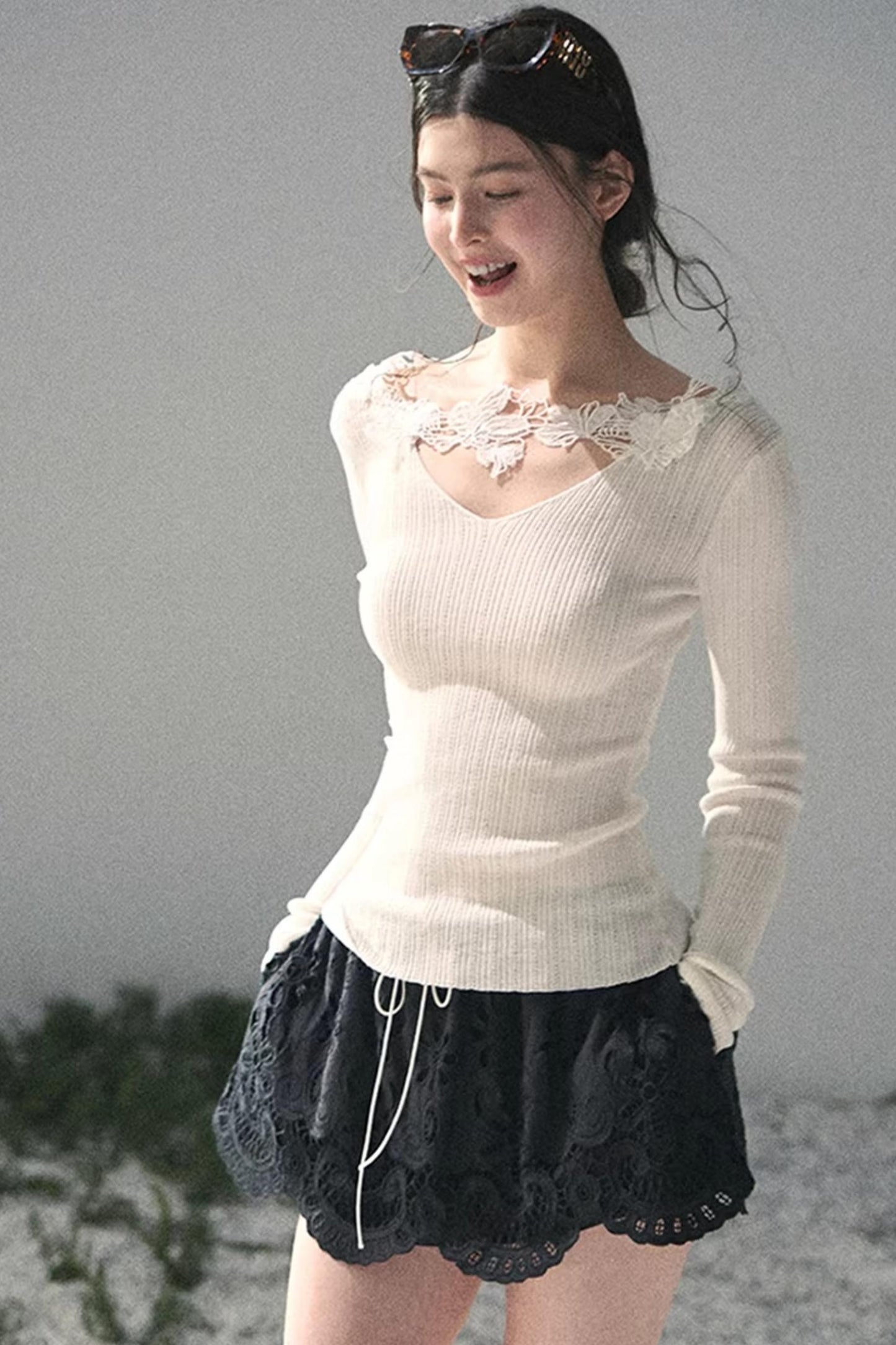 Lace-Trimmed Knitted Top