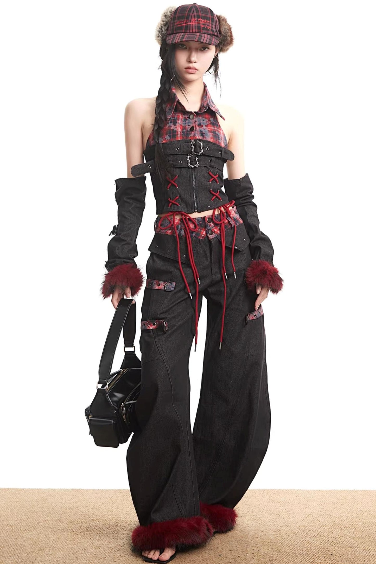 Plaid Patchwork Denim Set-Up