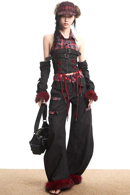 Plaid Patchwork Denim Set-Up