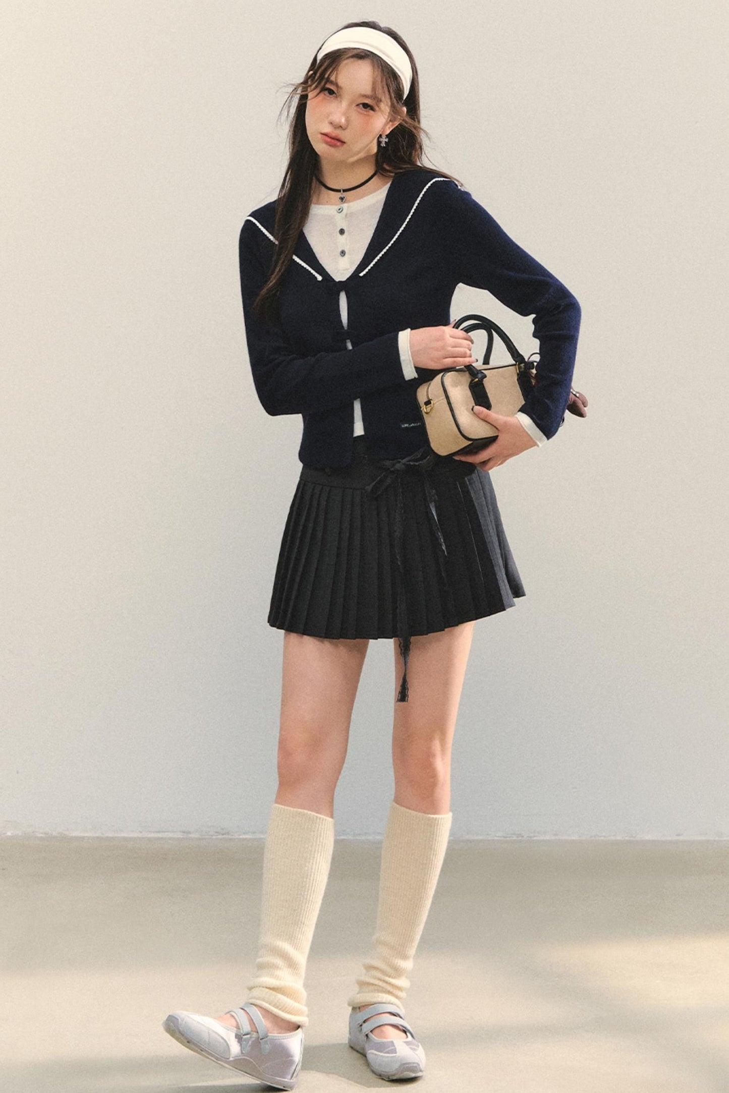 Sweet Navy Neck Knit Cardigan