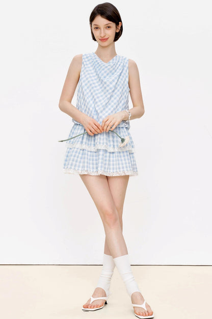 Blue Plaid Lace A-Line Dress