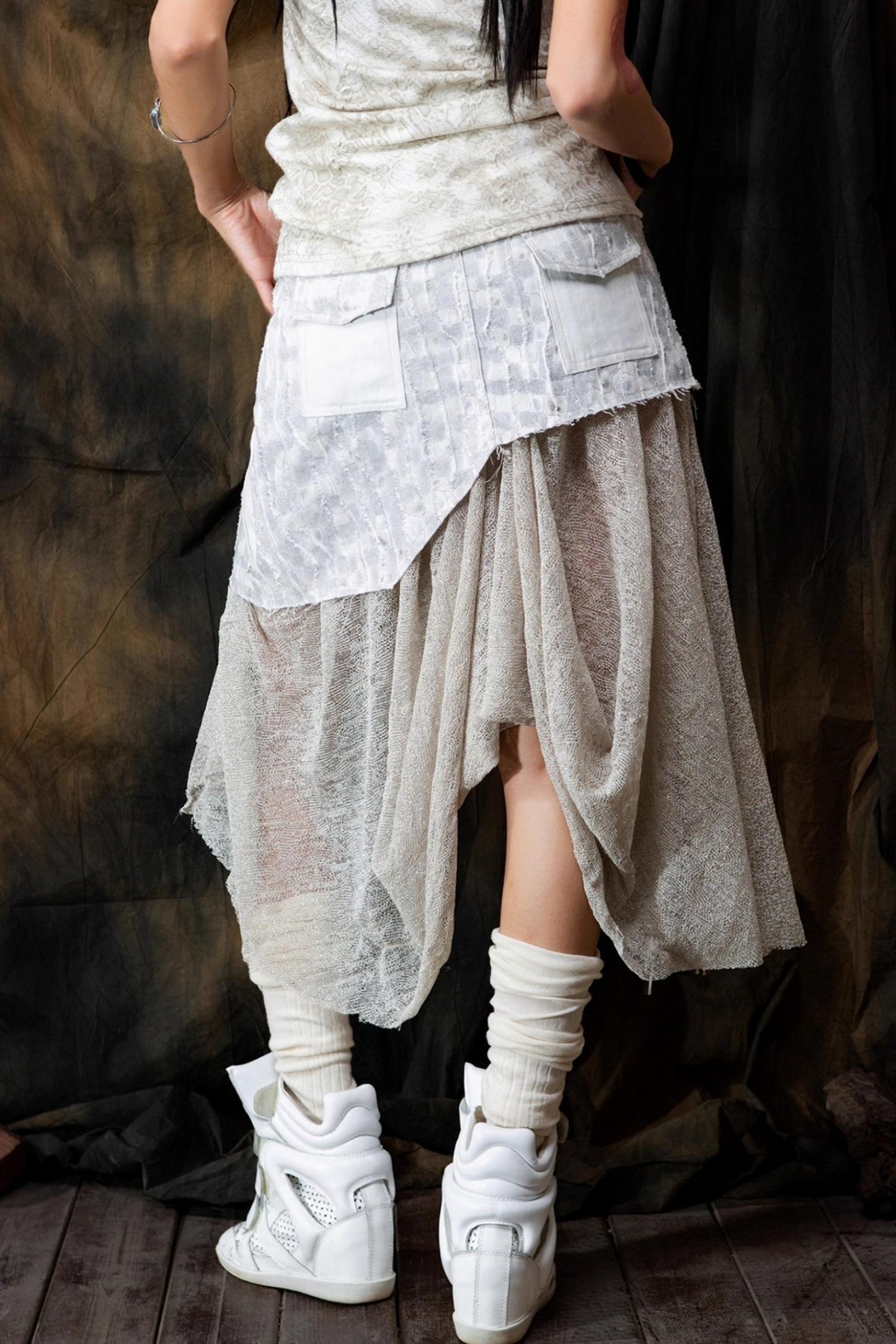 Vintage Patchwork Mesh Maxi Skirt