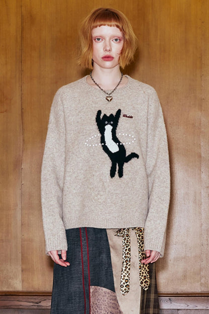 DANCING KITTEN ROUND NECK SWEATER