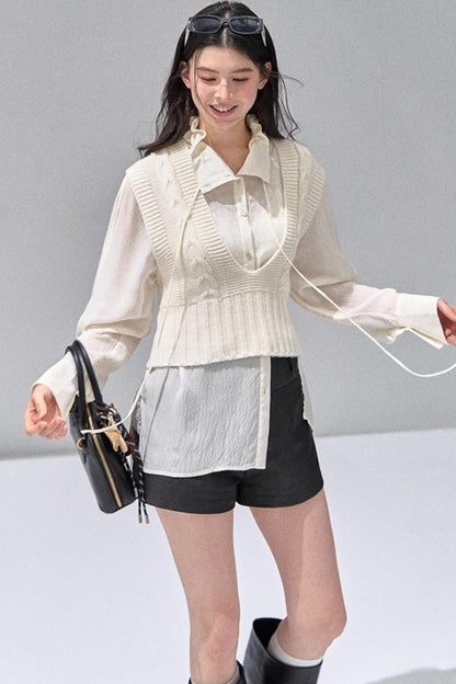 Fungus Edge Collar Drawstring Lace-up Shirt