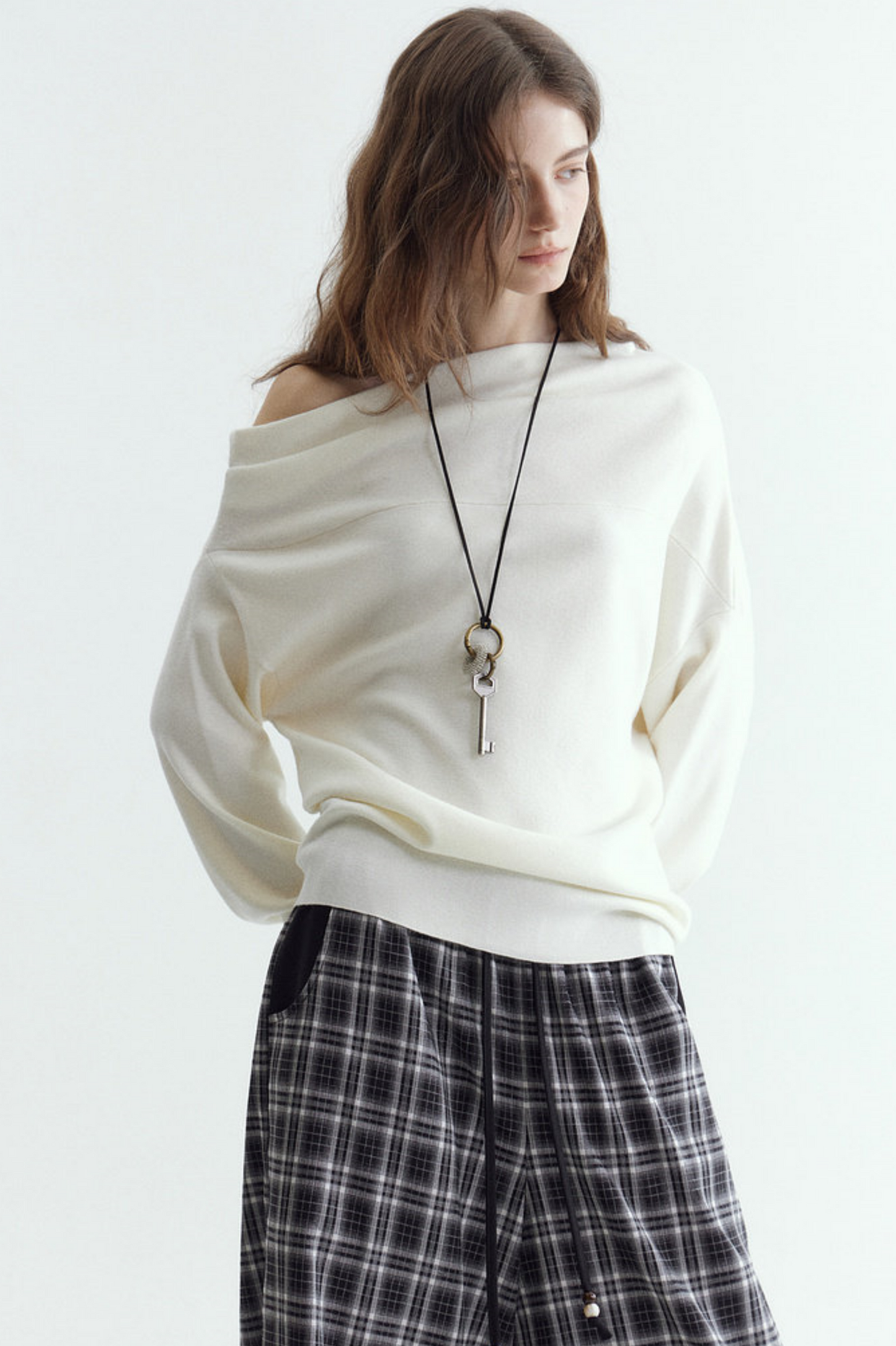 Pleated Off-Shoulder Knit Sweater