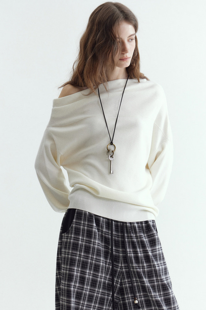 Pleated Off-Shoulder Knit Sweater