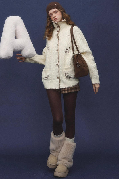 Embroidered Cable Knit Cardigan