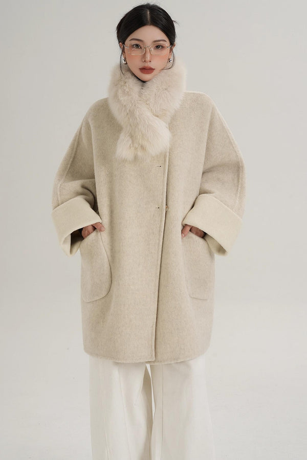 Elegant Fox Fur Collar Wool Cape Coat