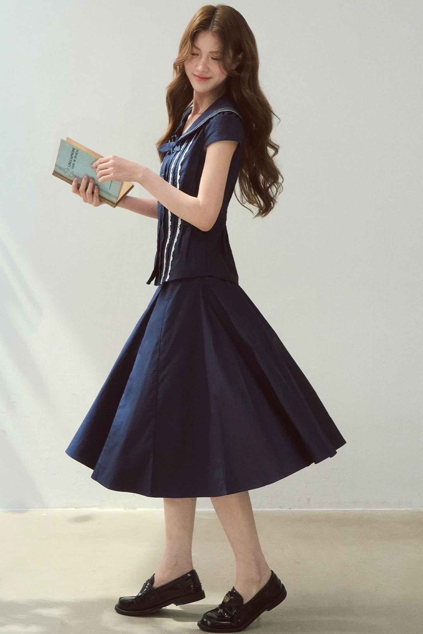 Navy Collar Skirt Suit Set-Up