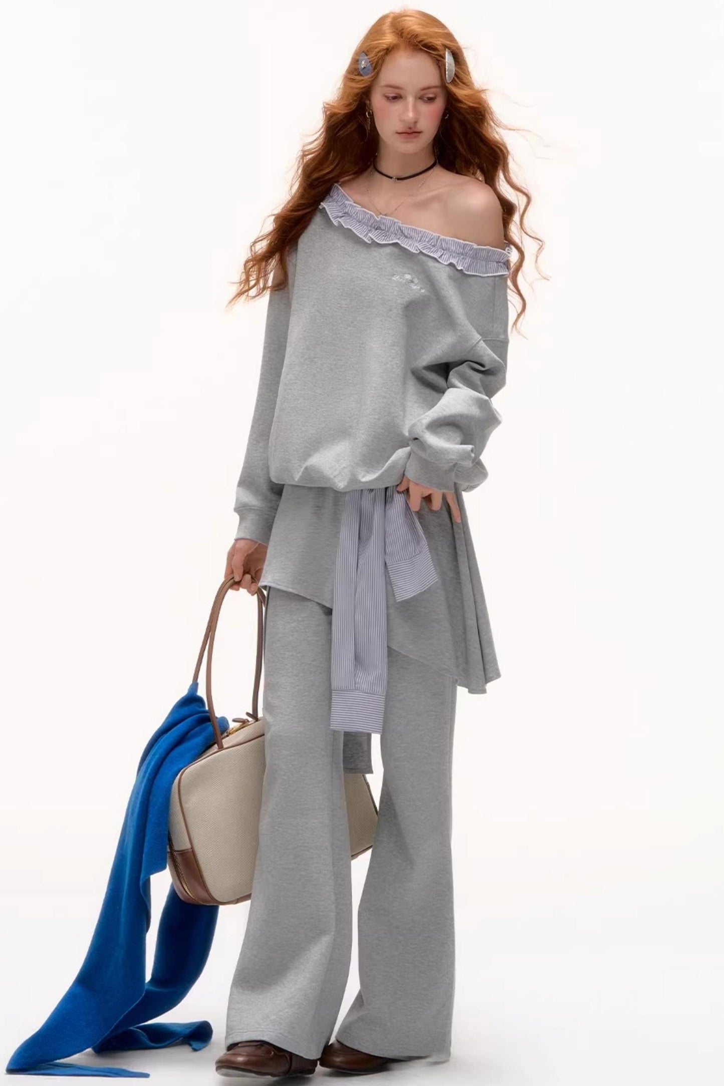 Asymmetrical Striped Ruffle Sweatshirt