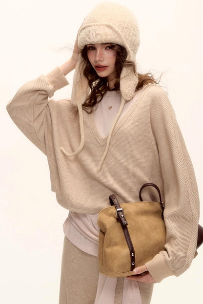 Waffle Knit V-Neck Sweater Set-Up