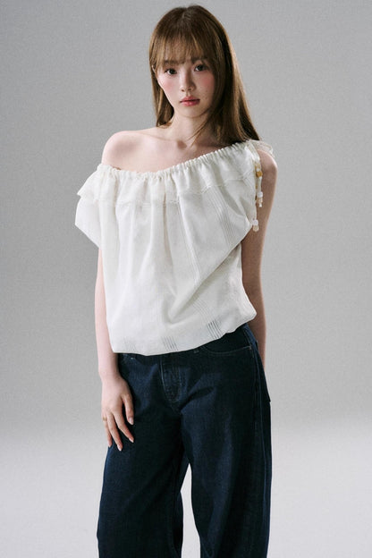 Beaded One-Shoulder Linen Top