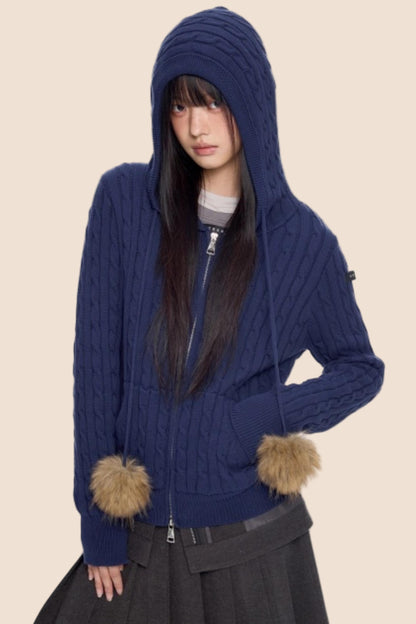 Furball Twisted Knit Hooded Cardigan