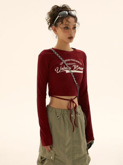 American vintage lace-up waistless long-sleeved T-shirt top