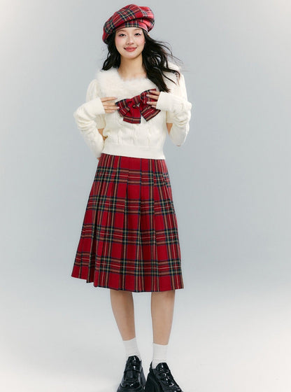 Fur Collar Tops Red Plaid Skirt 2-piece Set