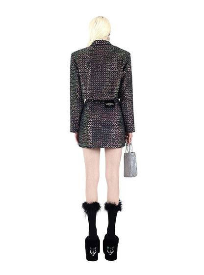Collar short denim jacket A-line skirt set