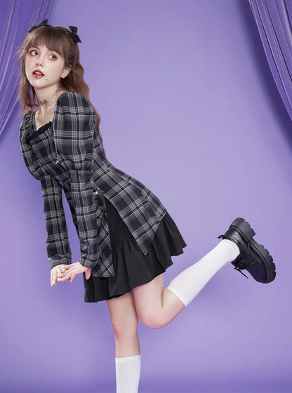 Plaid long-sleeve asymmetrical design dress