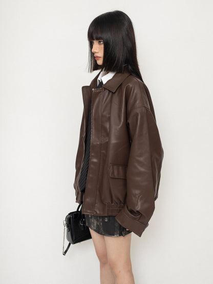 Loose Polo Collar Leather Coat