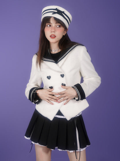 Tweed Sailor Collar Waist Jacket