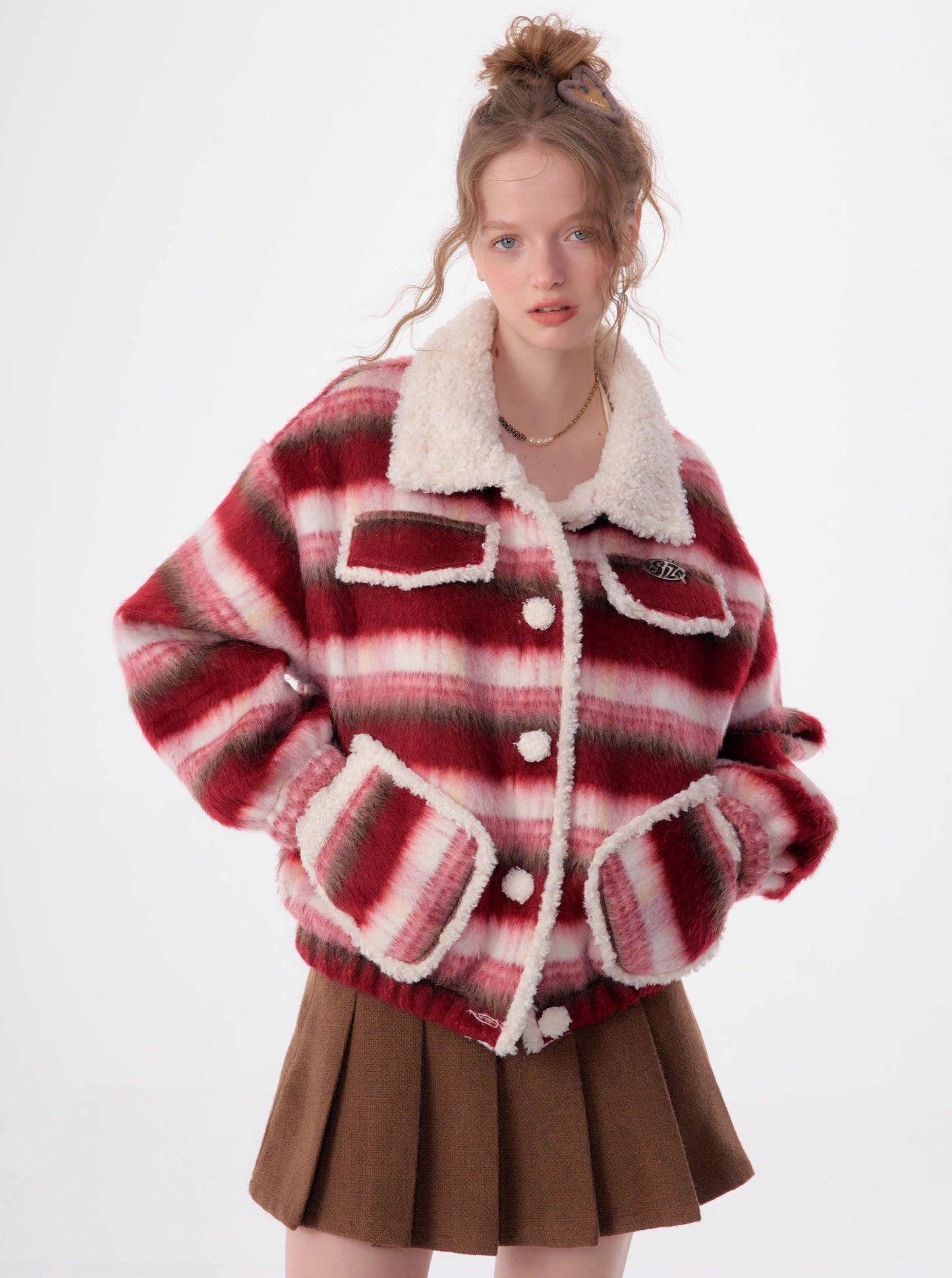 American lamb wool collar striped woolen coat