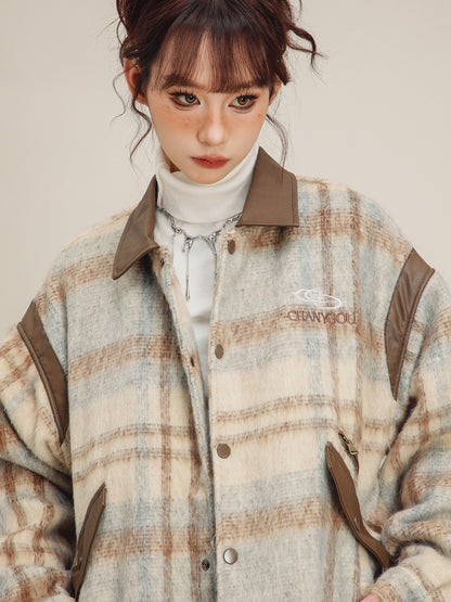 vintage tweed contrast stitching coat