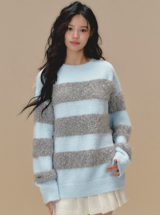 Round neck striped knit pullover loose top