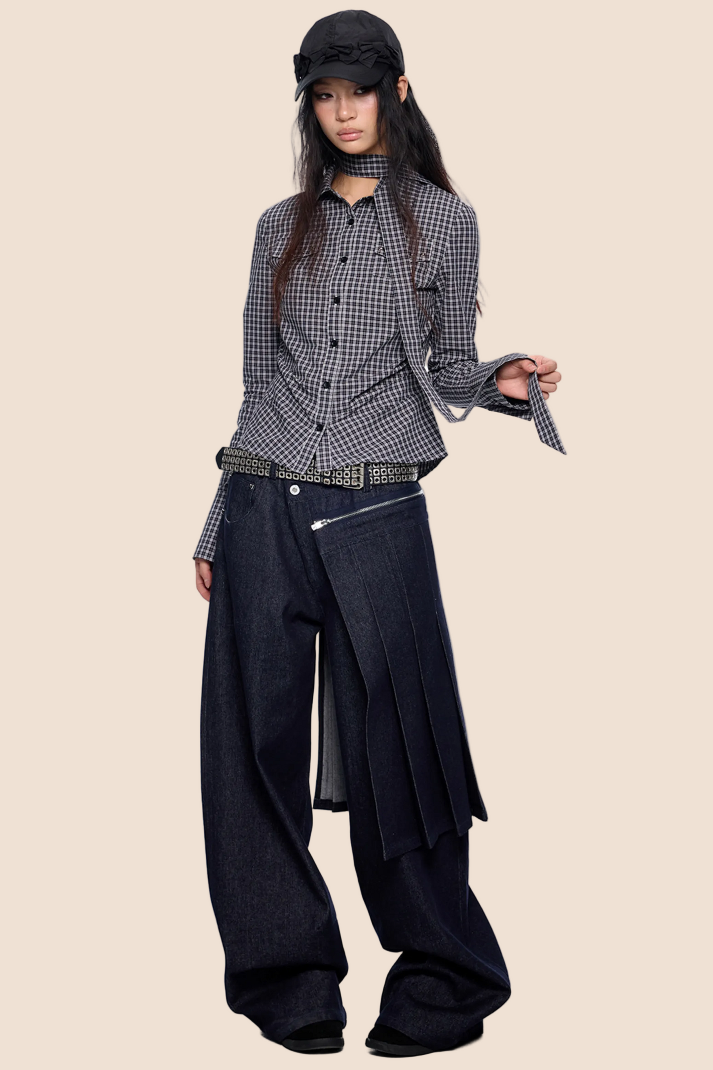 Plaid Lace-Up Bow Blouse