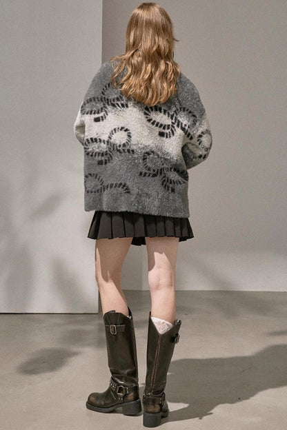 Bow Gradient V-Neck Knitted Cardigan