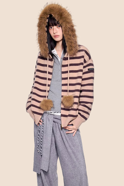Fur Collar Striped Knit Cardigan