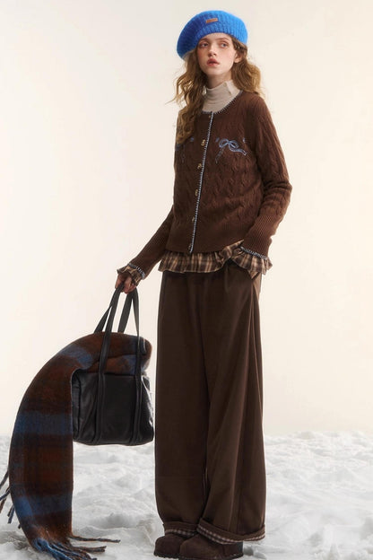 Plaid Fleece-Lined Wide-Leg Pants