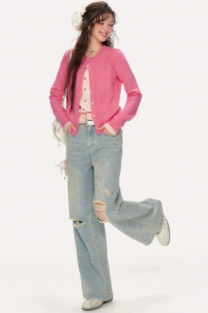 Sweet Girly Contrast Knitted Cardigan