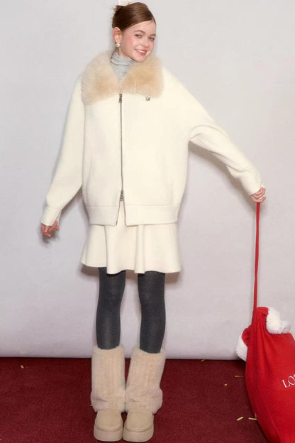 Wool Blend Lapel Fur Collar Coat Set-Up