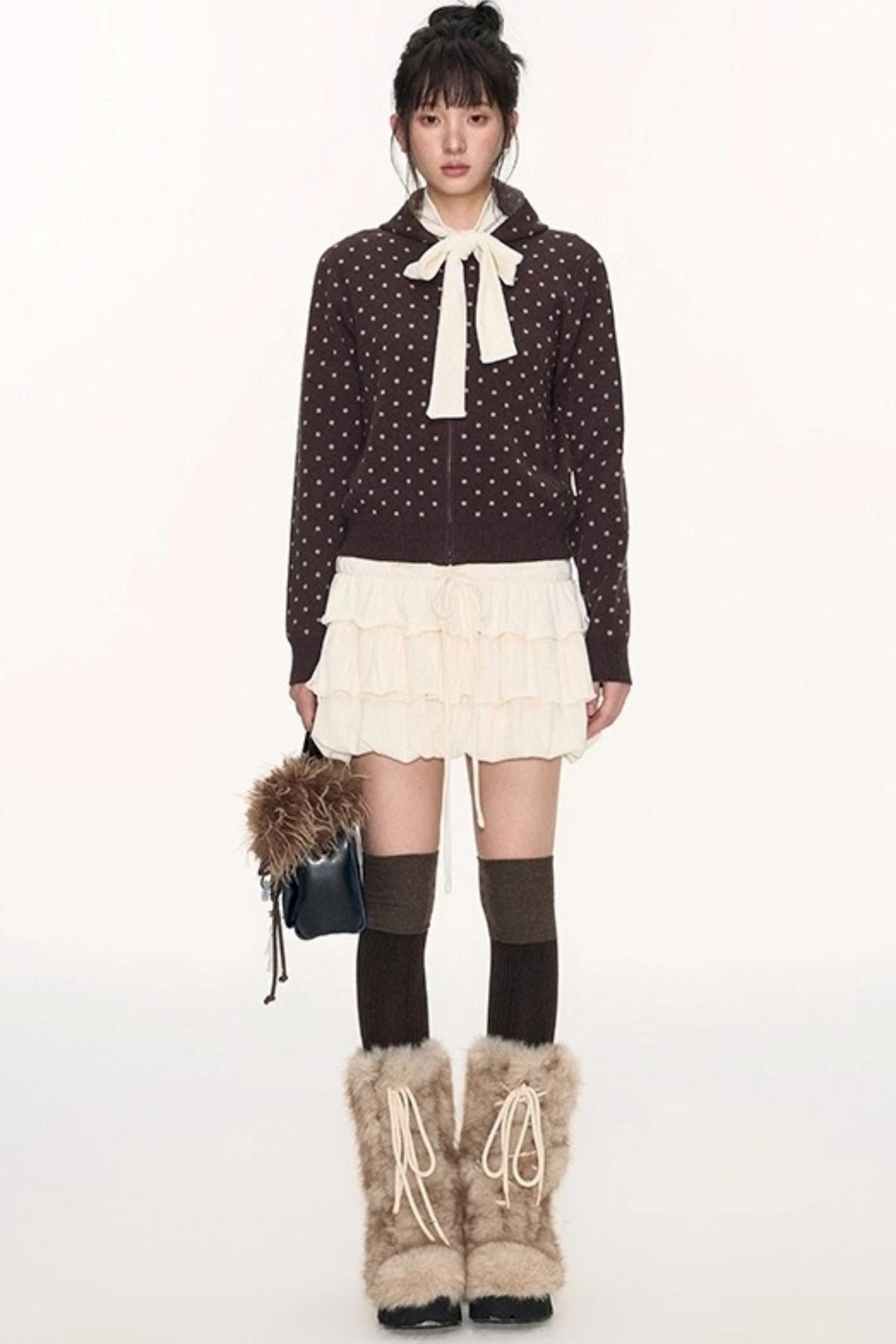 Polka Dot Hooded Knit Sweater Skirt Set-Up