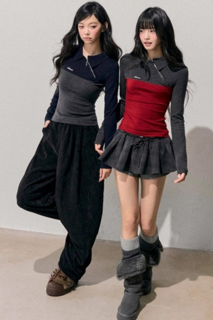 American Long-Sleeve Polo Collar Knit Top