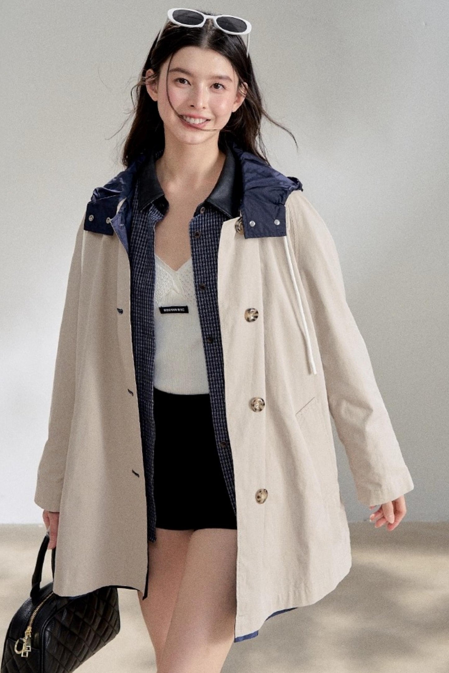 Navy Blue PU Leather Plaid Shirt