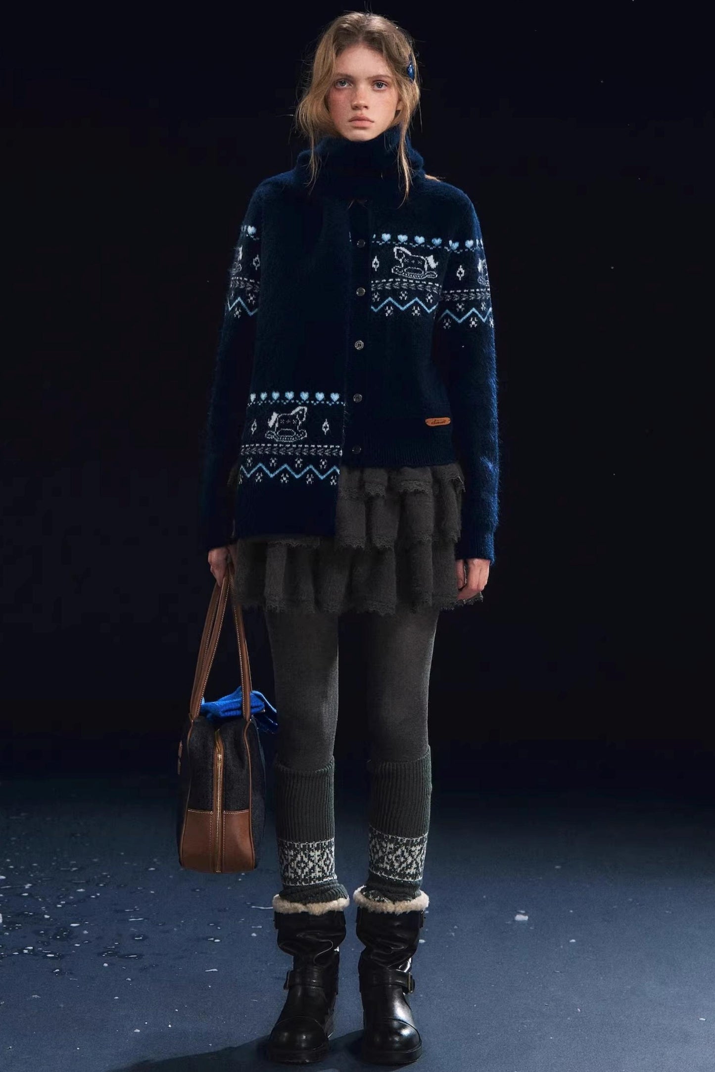 Fair Isle Scarf Cardigan Two-Piece Set