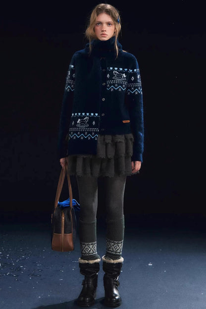 Fair Isle Scarf Cardigan Two-Piece Set