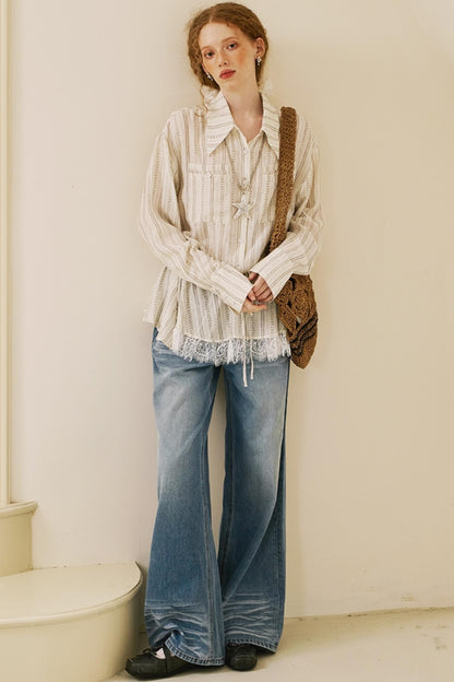 Vintage Lace-Trimmed Drawstring Shirt