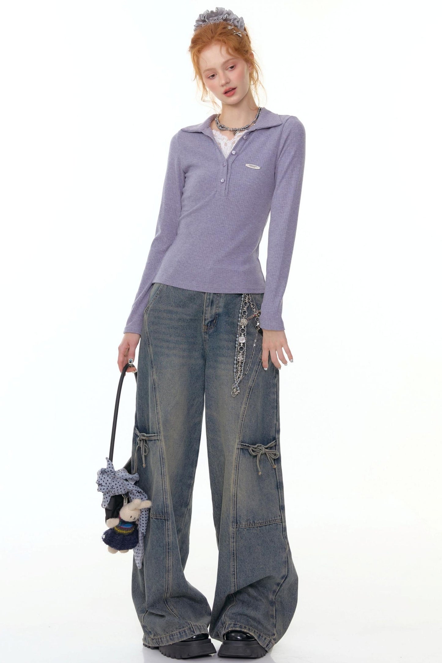 American Lace Polo Collar Knit Top