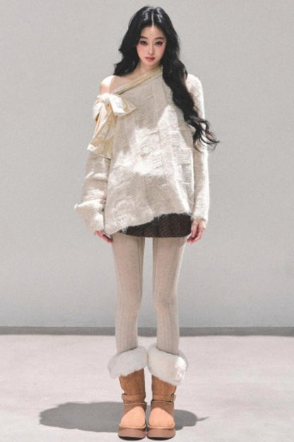 Sweet Bow-Knot Off-Shoulder Sweater