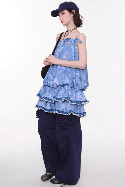 Summer Blue Plaid Lace Dress