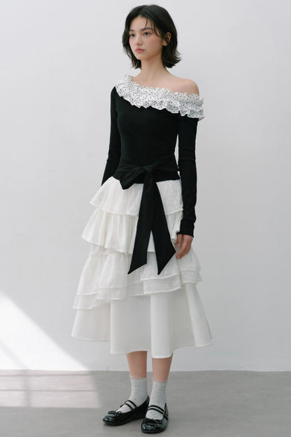 Sweet Slanted Shoulder Long-sleeved T-shirt