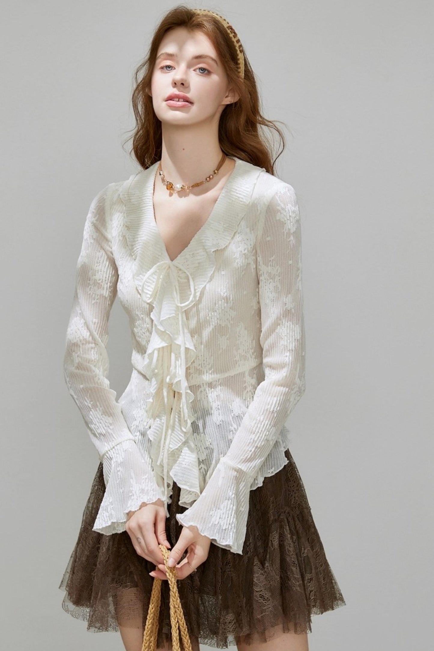 Autumn Womens V-neck Ruffled Top