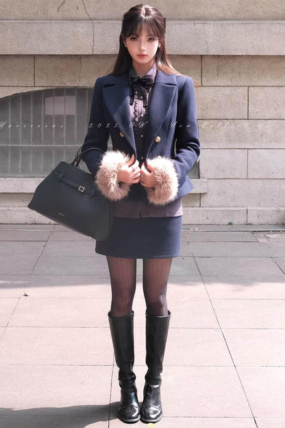 Navy Blue Velvet Wool Suit Set-Up