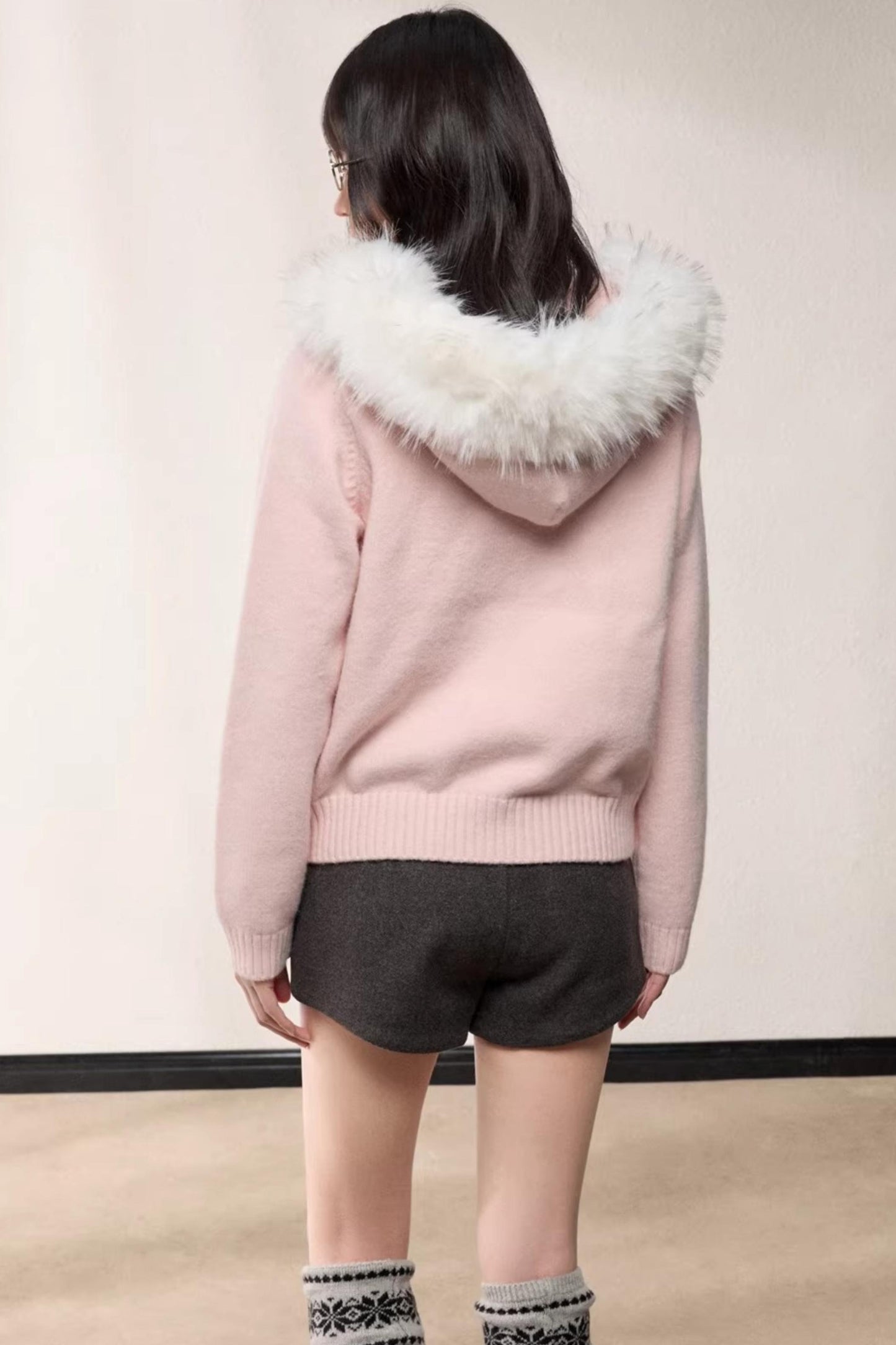 Fur Collar Hooded Knit Cardigan